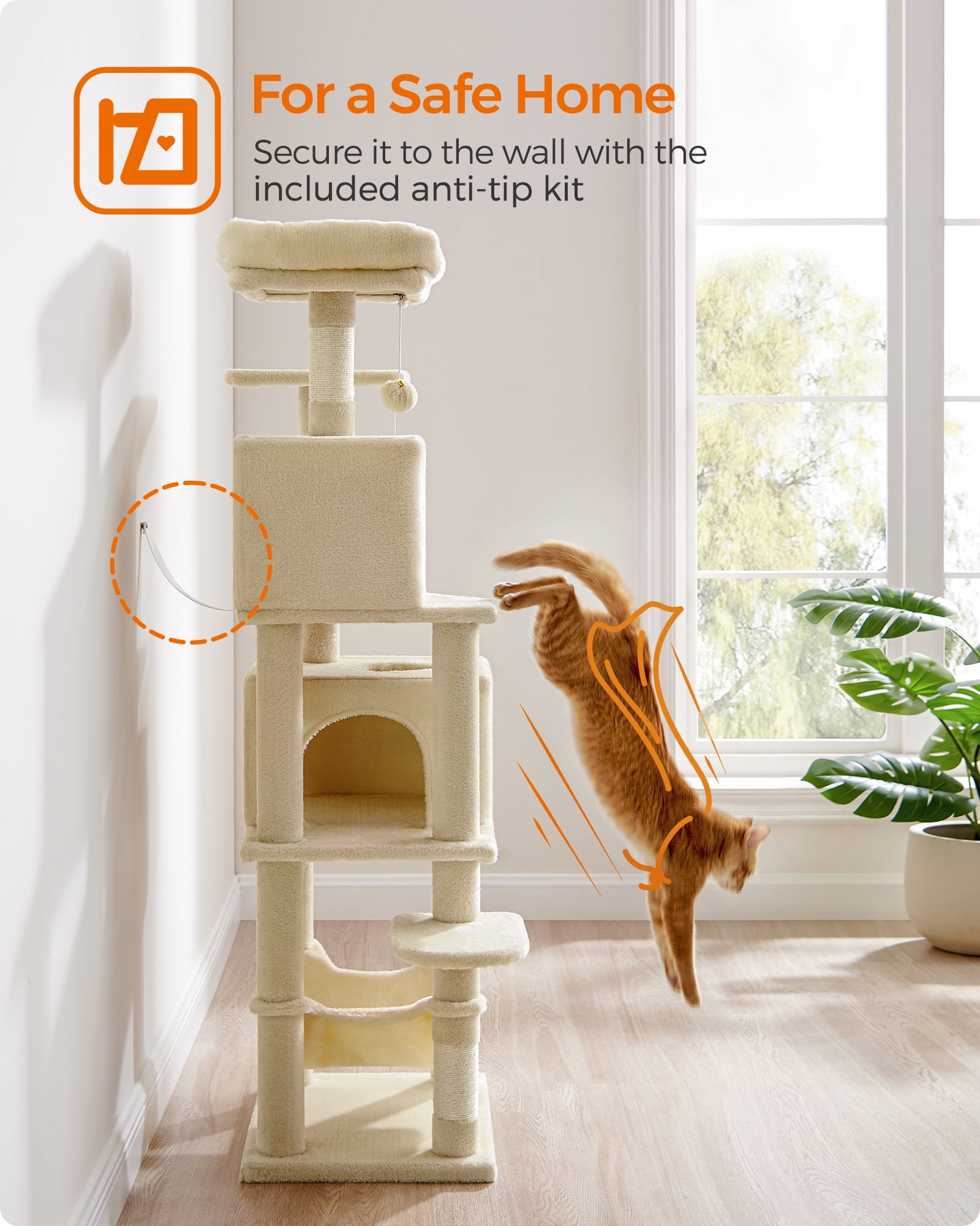 61"H Cat Tree Cat Tower for Indoor Cats, Plush Multi-Level Cat Condo with Scratching Posts, Perches, Caves, Hammock, Beige