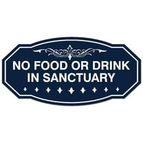 Signs ByLITA Victorian No Food Or Drink In Sanctuary Sign - Laser-Engraved Lettering | Durable ABS Plastic | Vibrant Colors | Powerful Foam Tape (Navy Blue / White) - Large