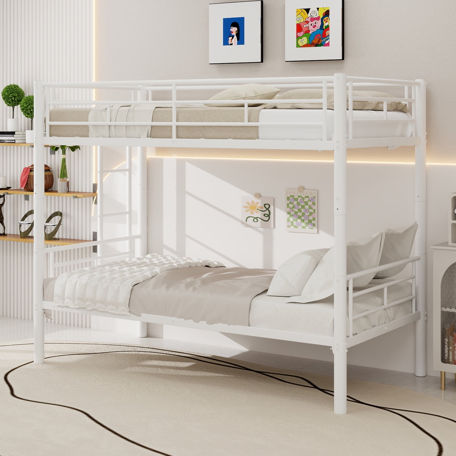 Mintazer Twin Over Twin Convertible Metal Bunk Bed, Bunk Bed Frame with Guardrails and Ladder for Kids Teens Bedroom Dorm Apartment, White