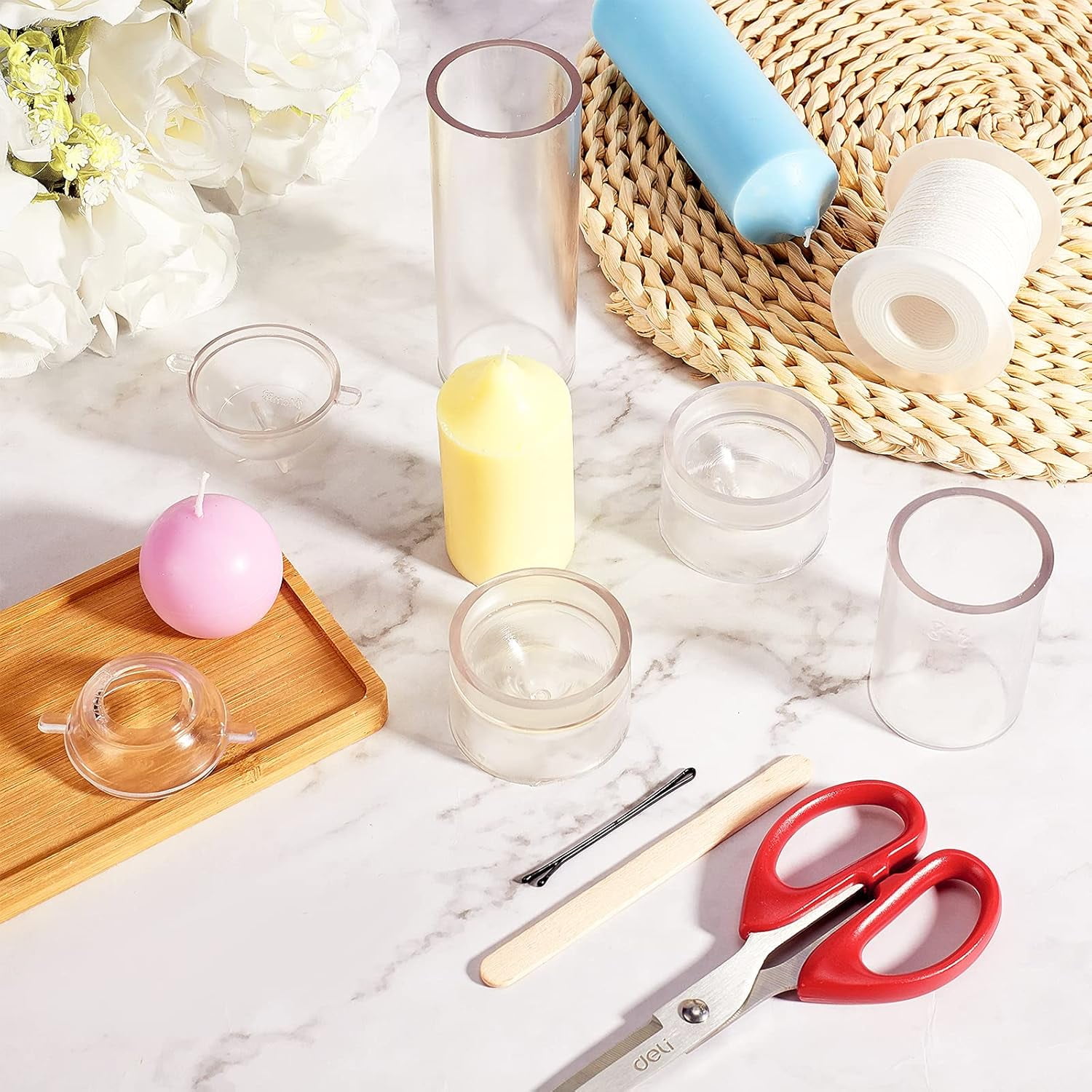 DIY Candle Making Tools with Plastic Candle Molds Eco-Friendly Candle Wick Iron Hair Bobby Pins Simple Hairpin Paper Stickers and Birch Wood Craft Ice Cream Sticks Clear 4.5x6.1x4.6cm 1pc