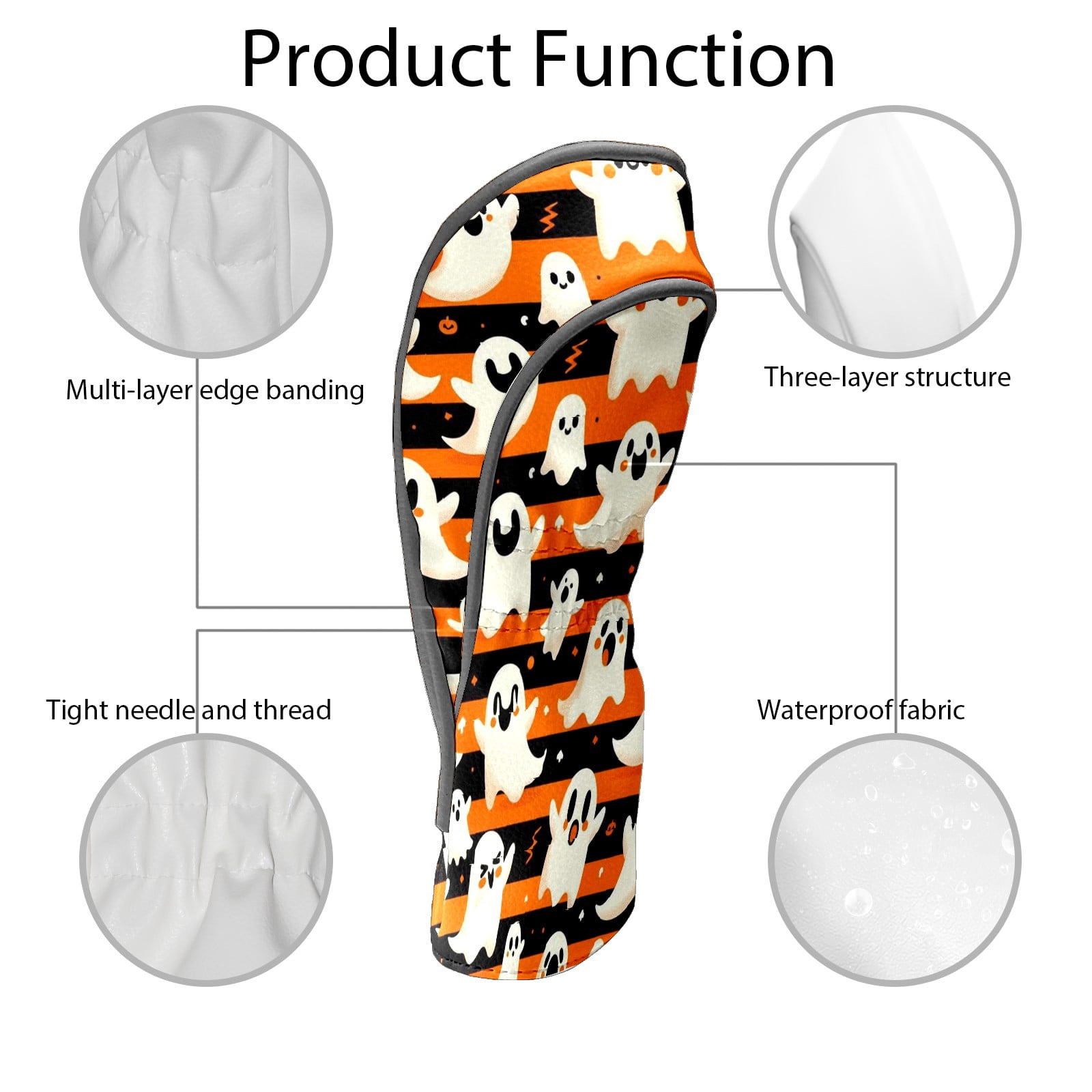 Golf Club Head Covers Orange Stripe Ghost Pumpkin for Driver and Fairway Woods, Premium PU Leather, Waterproof, Velvet Lining, Unisex Golf Gift