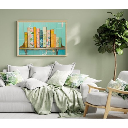 Farmhouse Rustic Bookshelf Print - Vintage Bookshelf Wall Art - Over Couch Statement Piece - Blue Teal Pink Orange - Retro Book Lover Decor Wall Art Modern Wall Decor 8x12 UNFRAMED