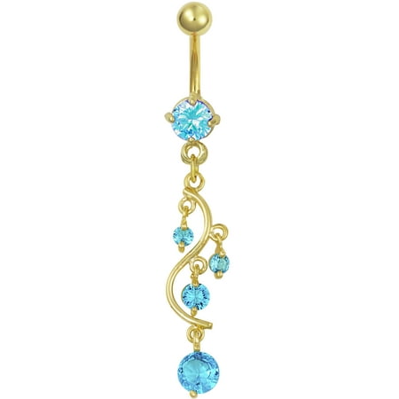 Multi Stone Dangle - 14kt Gold Plated Surgical Steel Fancy Aqua CZ Crystal Vine Drop Multi Gem Dangle Belly Button Ring
