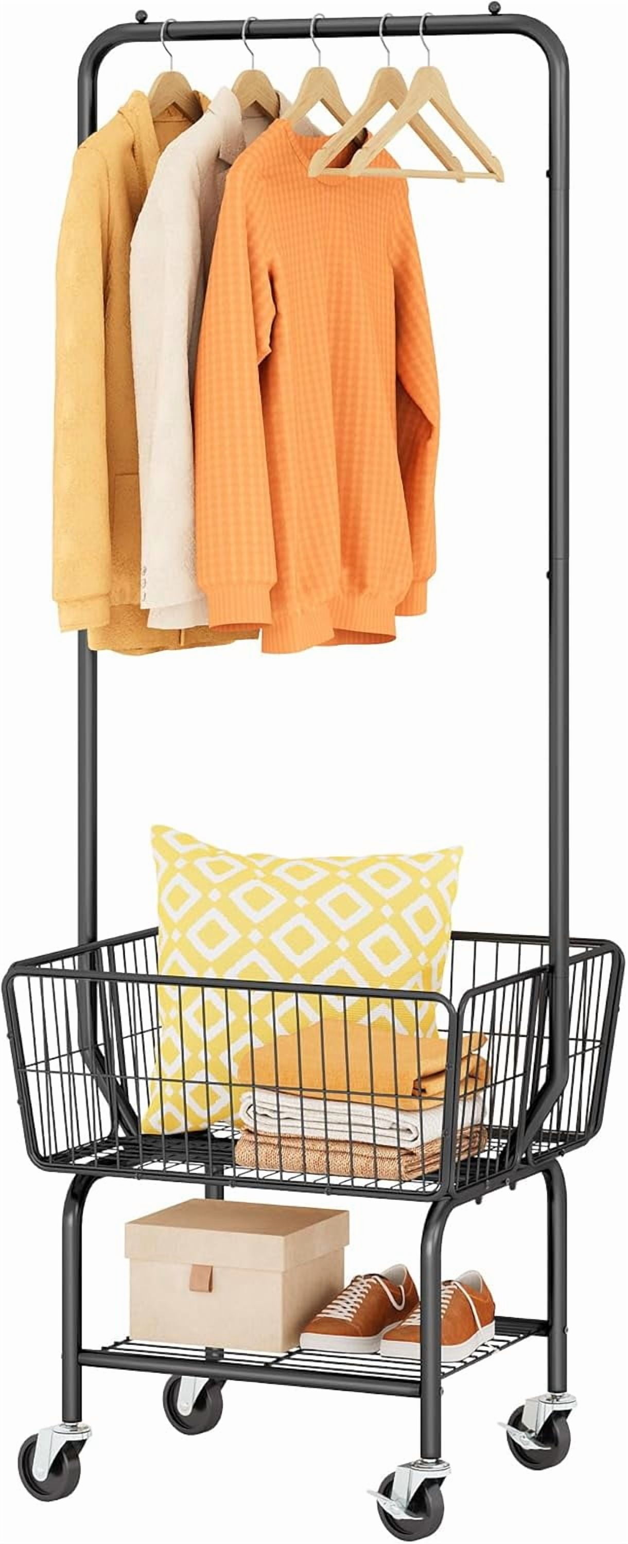 Laundry Cart with Wheels, Metal Rolling Laundry Hamper with Hanging Rack, Storage Basket and Shelf, Gold