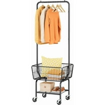 Laundry Cart with Hanging Rack, Metal Laundry Basket with Wheels, Laundry Hamper with Storage Basket and Shelf, Rolling Laundry Cart with Wheels, Black