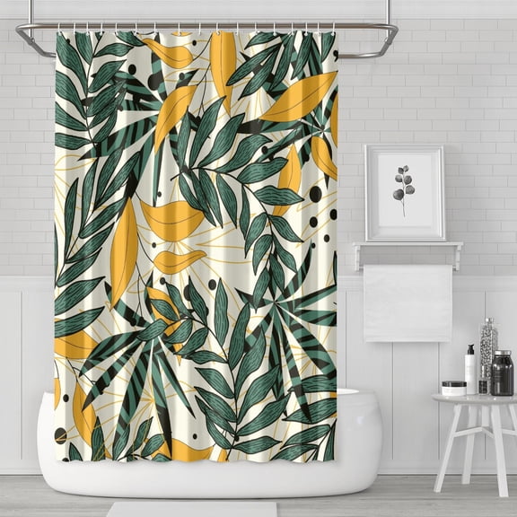 Boho Palm Leaf Shower Curtain, Waterproof Fabric with Hooks, Machine Washable Tropical Jungle Leaves and Hawaiian Floral Design for Bathroom Decor