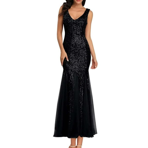 STETMN Women's Sequin Party Dress V-Neck Sphagetti Strap Dress Slit Formal Evening Gowns