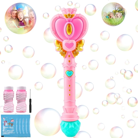 Bubble Wand for Kids, Princess Heart Bubble Machine Blower Maker Wand with Light, Easter Basket Stuffers Outdoor Toys Gifts for 1 2 3 4 5 6 7 8 Years Old Toddlers Little Girls Include