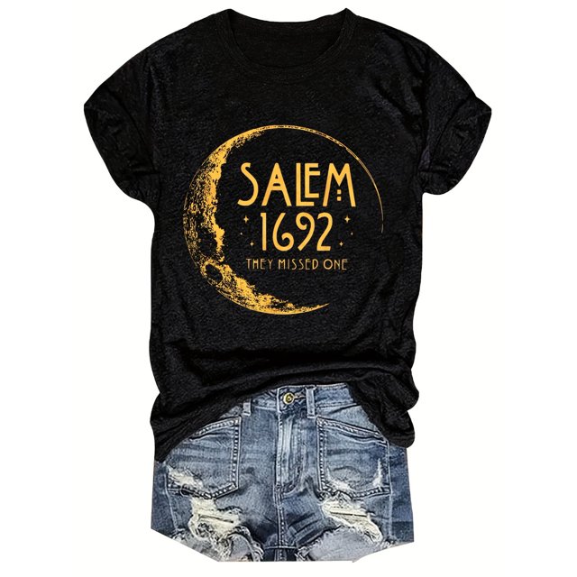 Moon & Letter Print Crew Neck T-Shirt, Casual Short Sleeve T-Shirt For Spring & Summer, Women's Clothing
