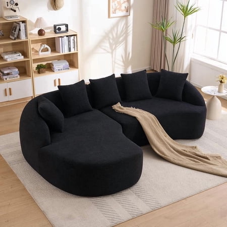FFZ L-Shaped Modular Chenille Sectional Sofa with Curved Chaise, 106.3 x 64.57 x 27.17 inch, Black