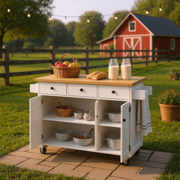 Homy Casa 56" Rolling Kitchen Island with Wood Top, Storage Cabinet, 3 Drawers, Towel Racks, White