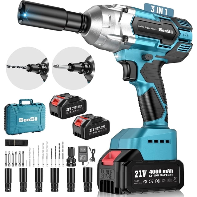 Llave de impacto inalámbrica Seesii WH700 1/2 pulgada 650 Nm con 2x4.0 A