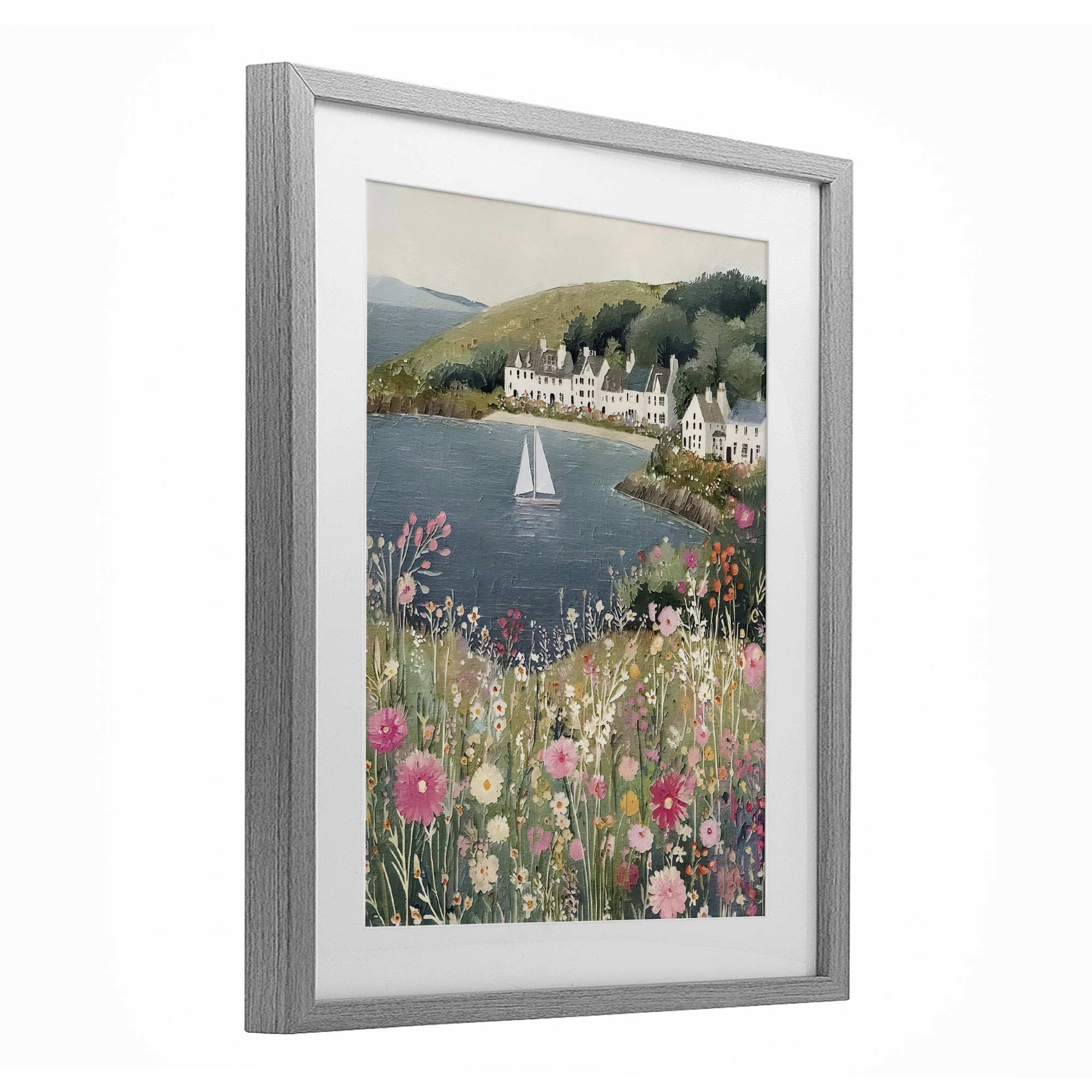 Stupell Industries Clifftop Meadow & Sailboat Gray Framed Print Under Glass, design by Riley B