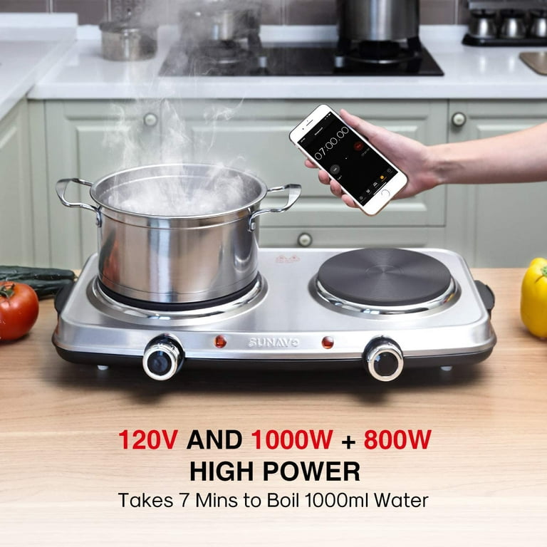 SUNAVO 1500W Hot Plates for Cooking, Electric Single Burner with Handles, 6  Power Levels Stainless Steel Hot Plate for Kitchen Camping RV and More