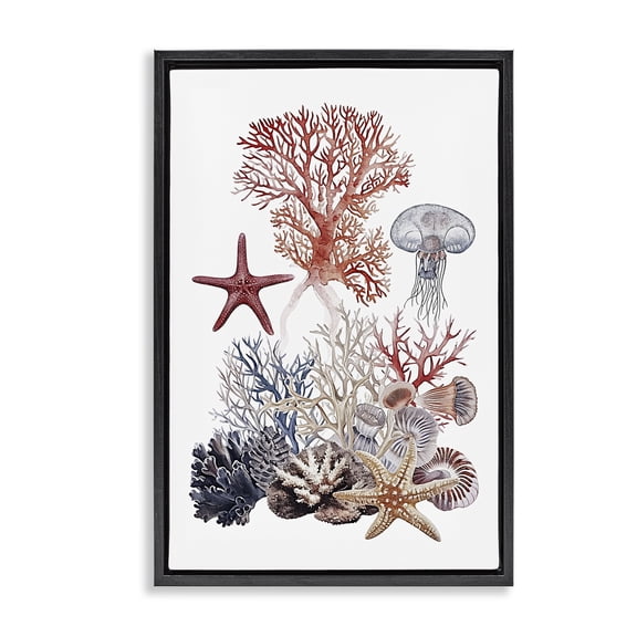 Stupell Industries Aquatic Animals & Coral Animals Painting Black Floater Framed Canvas Art Print Wall Art, 17 x 25