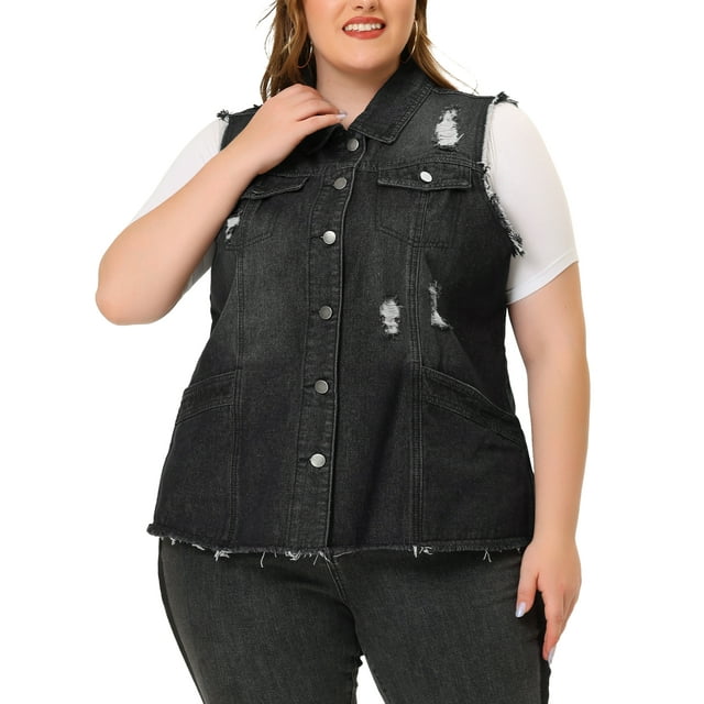 Agnes Orinda Women's Plus Size Jean Vest Raw-Hem Sleeveless Fashion Denim Jacket 2X Black Ripped