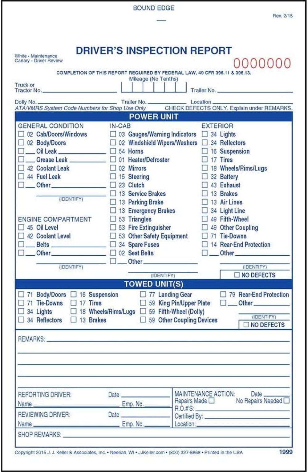 2-Ply Carbonless Keller & Associates J Red Ink 31 Sets of Forms Per DVIR Book Meet FMCSR Requirements Refuse Truck Drivers Vehicle Inspection Report 10-pk 8.5 x 11 - Book Format J 