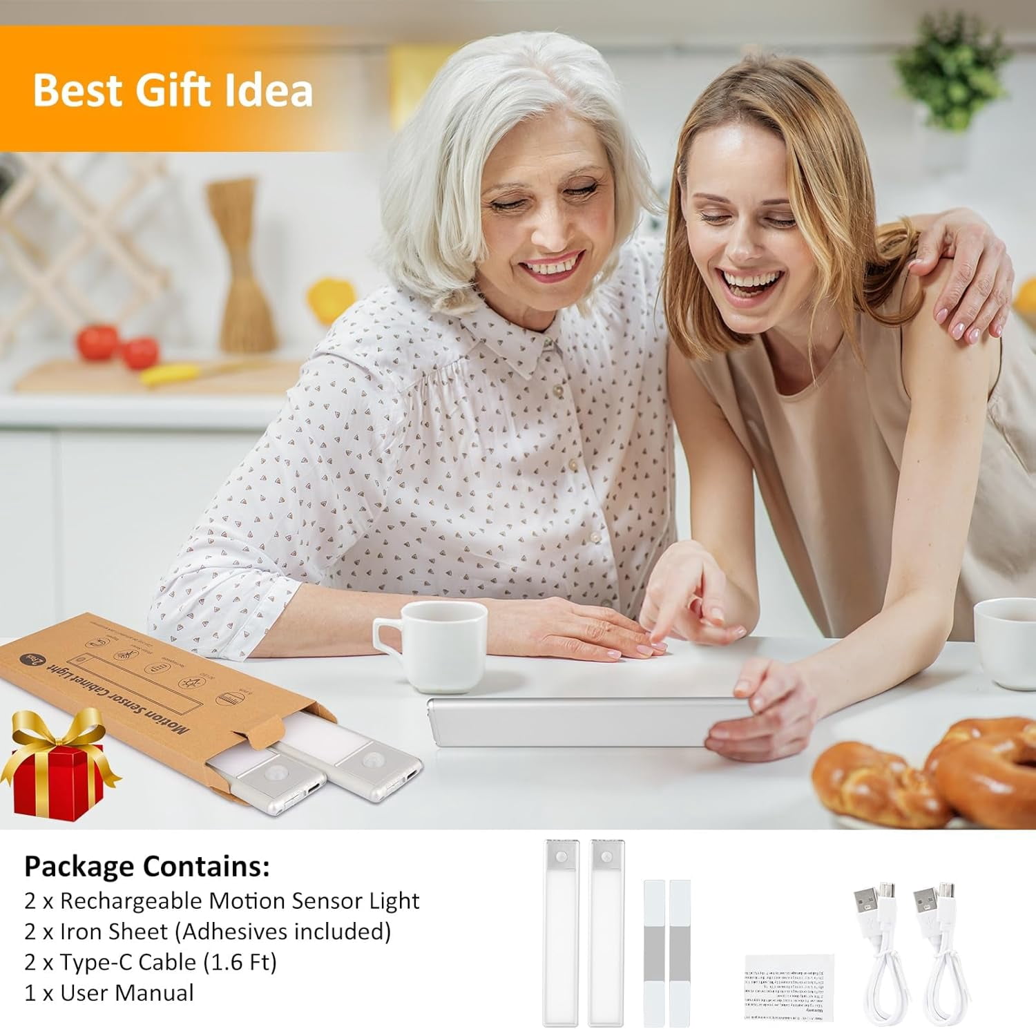 30-LED Motion Sensor Under Cabinet Lights, Magnetic Rechargeable Under Counter Closet Light, Wireless Night Light Bar Stick-On, 2-Pack, Cool White