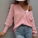thumbnail image 4 of Cárdigan de punto para mujer, suéter con cuello en V, manga larga, botones, color liso, prendas de vestir exteriores sueltas, Tops para otoño invierno primavera rosa M, 4 of 7