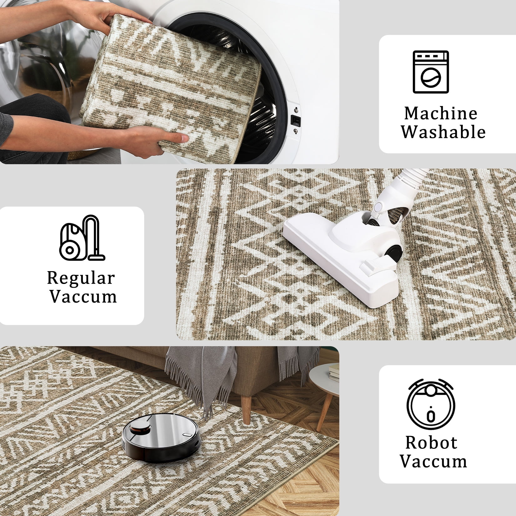 HOMERRY Indoor Washable 4' x 6' Area Rug Distressed Boho Carpet for Living Room, Brown
