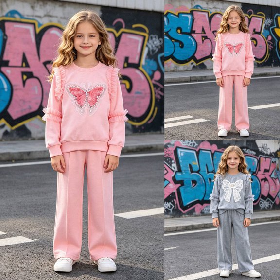 4-5 Years Child Girls Sweatsuit and Wide Leg Pants Tracksuit Sets Outfits Long Sleeve Sweatshirt Pants Two Piece Set Girls Pink Tracksuit