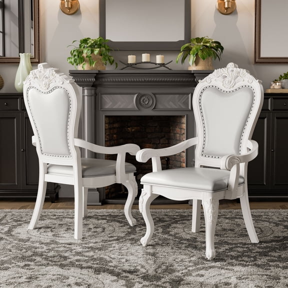 Furniture of America Alernit Traditional Nailhead Trim Dining Arm Chairs, White (Set of 2)