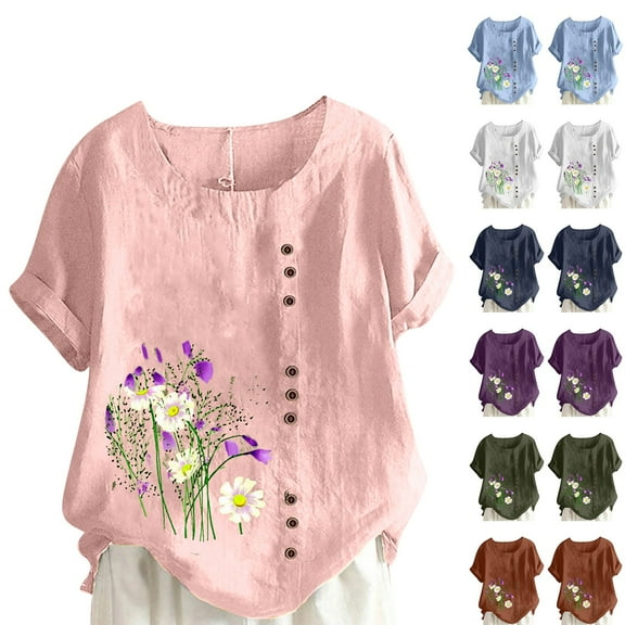 Fesfesfes Women Plus Size Tshirts for Women's Summer Casual Round Neck Short Sleeve Flower Printing Loose Shirt Cute Tops for Women 10(XL)