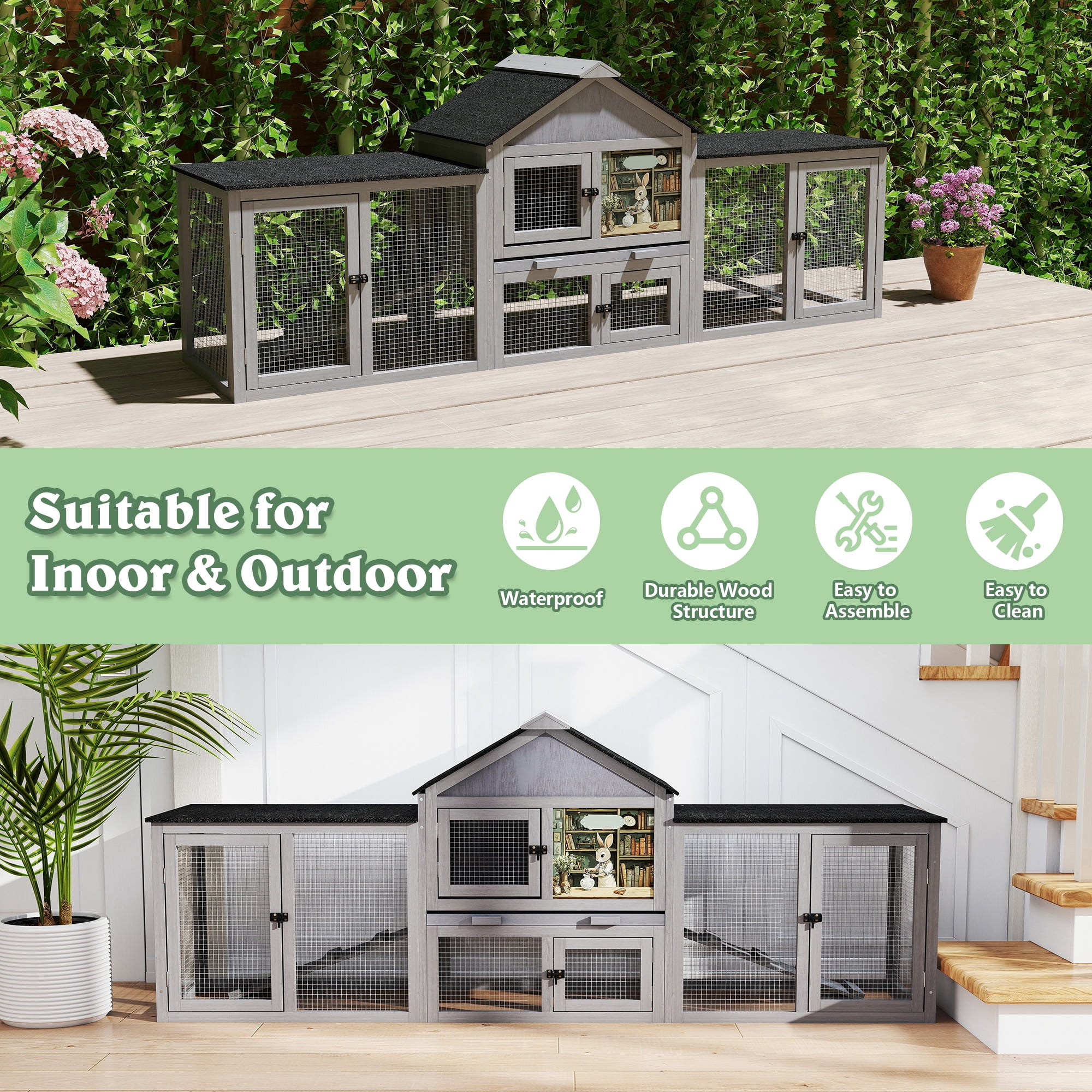 83" Wood Fashion Rabbit Hutch Chicken Coop Wooden Small Animal House, Grey