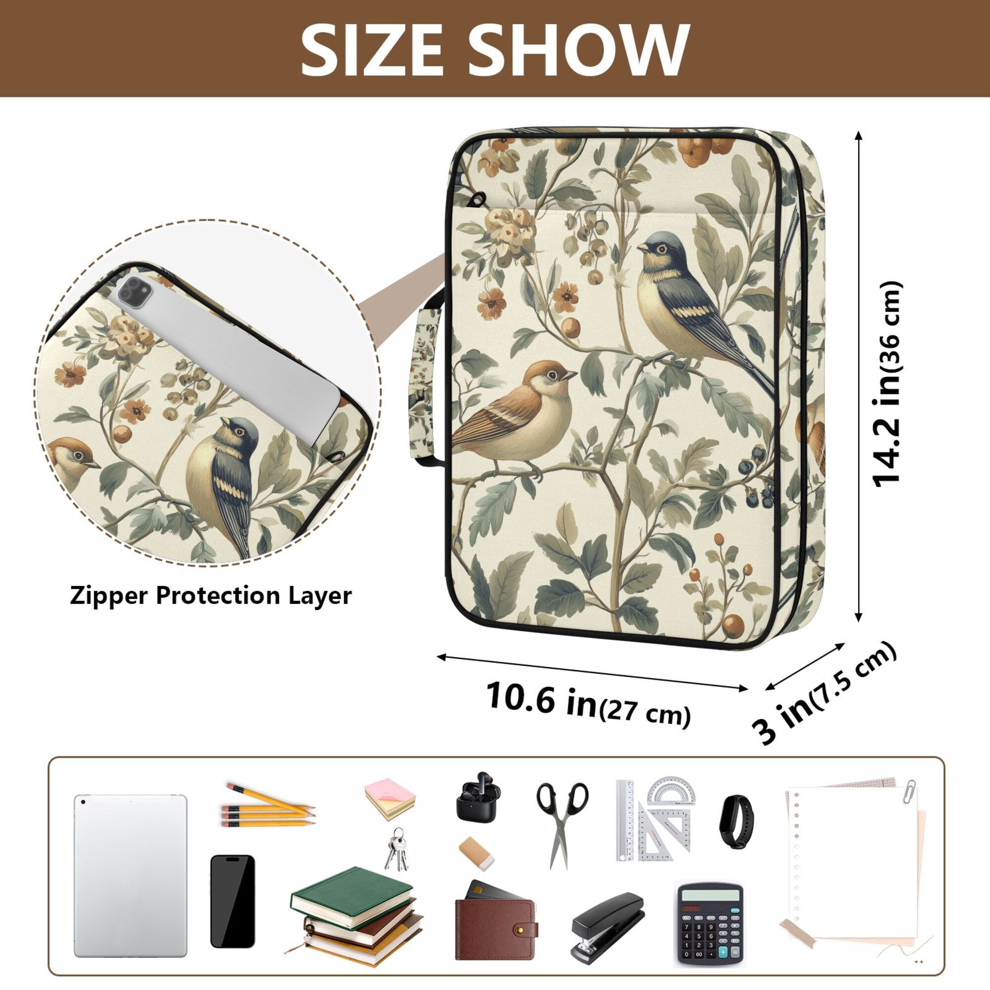 FORMRS Accordion File Folder A4 Size 7-Pocket Expanding Document Organizer Bag with 3 Ring Binder, Green Birds