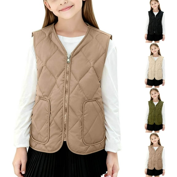 Fengqque Children's Sleeveless V-neck Thick Velvet Warm Vest Jacket Zipper Pocket Cotton Coat 3-14 years Old Khaki 13-14Years