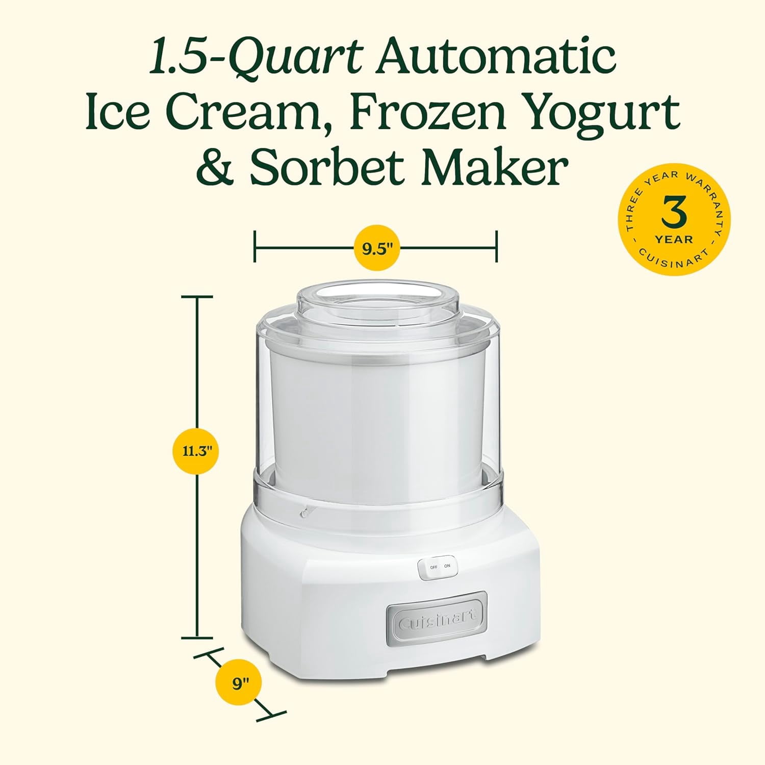 Ice  Maker, 1.5 Quart Double Insulated, Sorbet and  Yogurt Maker, Ready in 20 Minutes, ICE-21P1, White