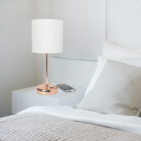 Limelights - Stick Lamp with USB charging port and Fabric Shade - White/Rose Gold