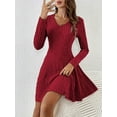 thumbnail image 3 of Women Long Sleeve Ribbed Knit Short Dresses Fall Winter V Neck Casual Swing A Line Sweater Dress Red XXL, 3 of 7