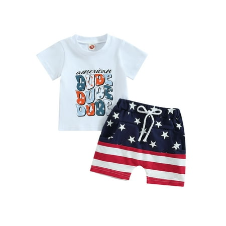 

Wassery 4th of July Baby Boys Independence Day Outfits Short Sleeve Letter Print Tops + Stars Stripe Drawstring Shorts 2Pcs Toddle Summer Casual Clothes Set 0-3T