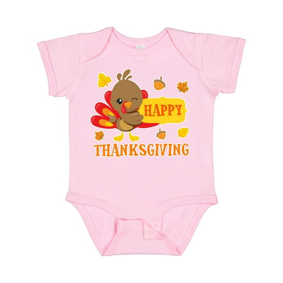Inktastic Happy Thanksgiving with Cute Turkey and Leaves Boys or Girls Baby Bodysuit
