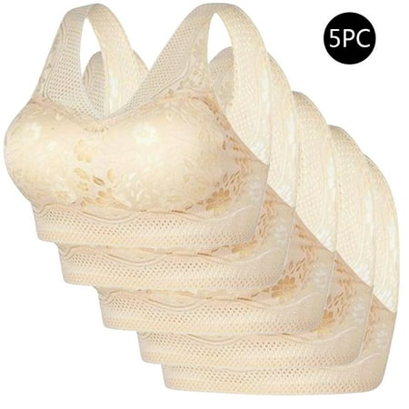 REORIAFEE Comfortable Bras for Women 5PC No Wire Gathered Together Bras Solid Brassiere Breathable Wide Strap Comfy Corset Underwear Classic Comfortable Support Lingerie Beige XXXL