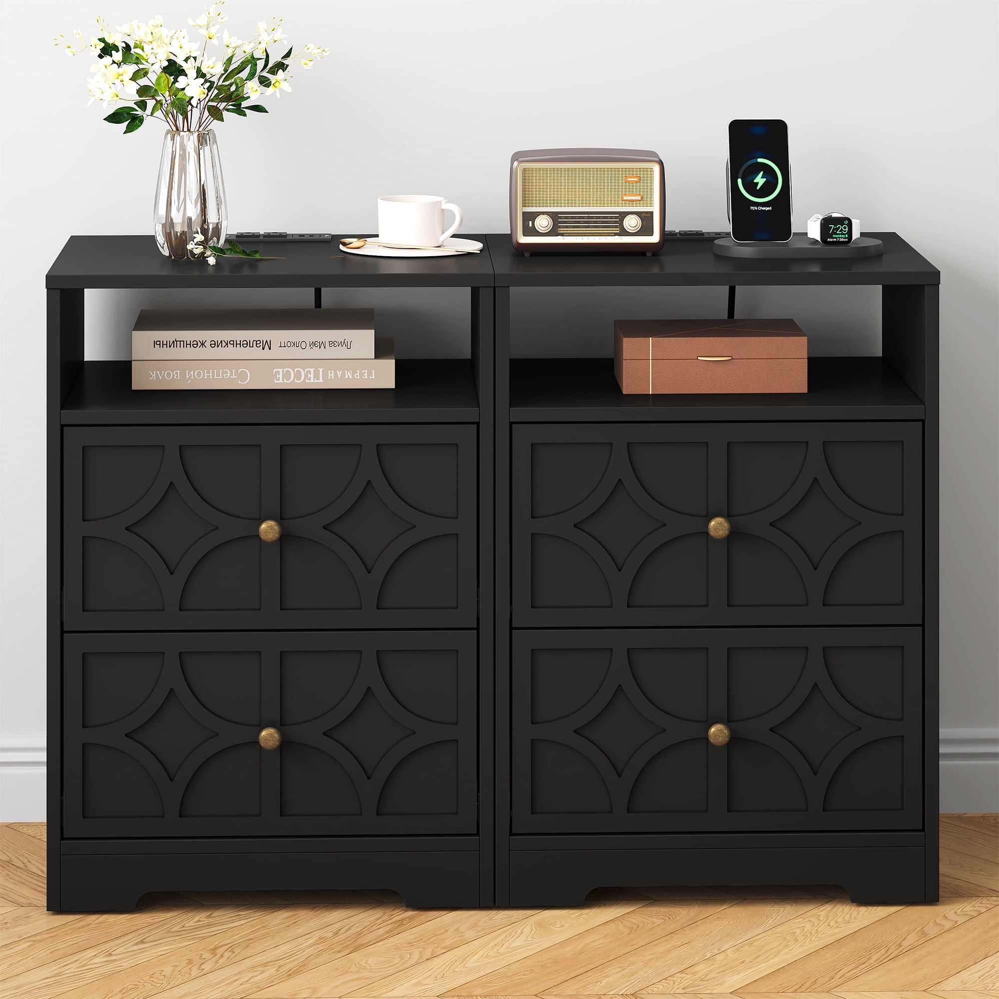 Cozy Home 2-Drawer Nightstand with Charging Station, Modern Side Table with Diamond Carvings and Gold Knobs, Ideal for Living Room, Bedroom, Entryway, Black, Set of 2