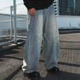 thumbnail image 6 of Mens Jeans Retro Washed Split Design Loose Tapered Straight Wide Leg Denim Trousers Comfortable Casual Daily Wear Fall Pants For Men Blue M, 6 of 7