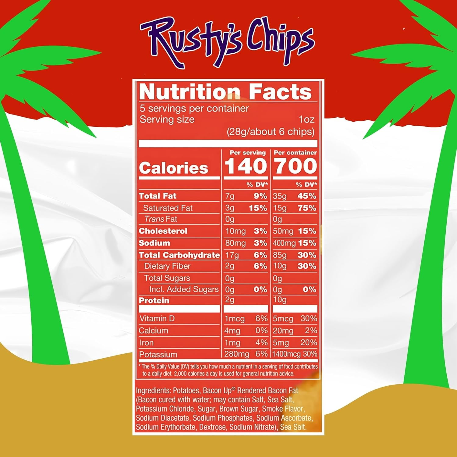 Bacon Up - Handmade Crunchy Healthy Potato Chips - No Preservatives, No Seed Oils, Gluten Free, Healthy Snacks for Adults - 5oz (6 Snack Packs) by Rusty's Chips