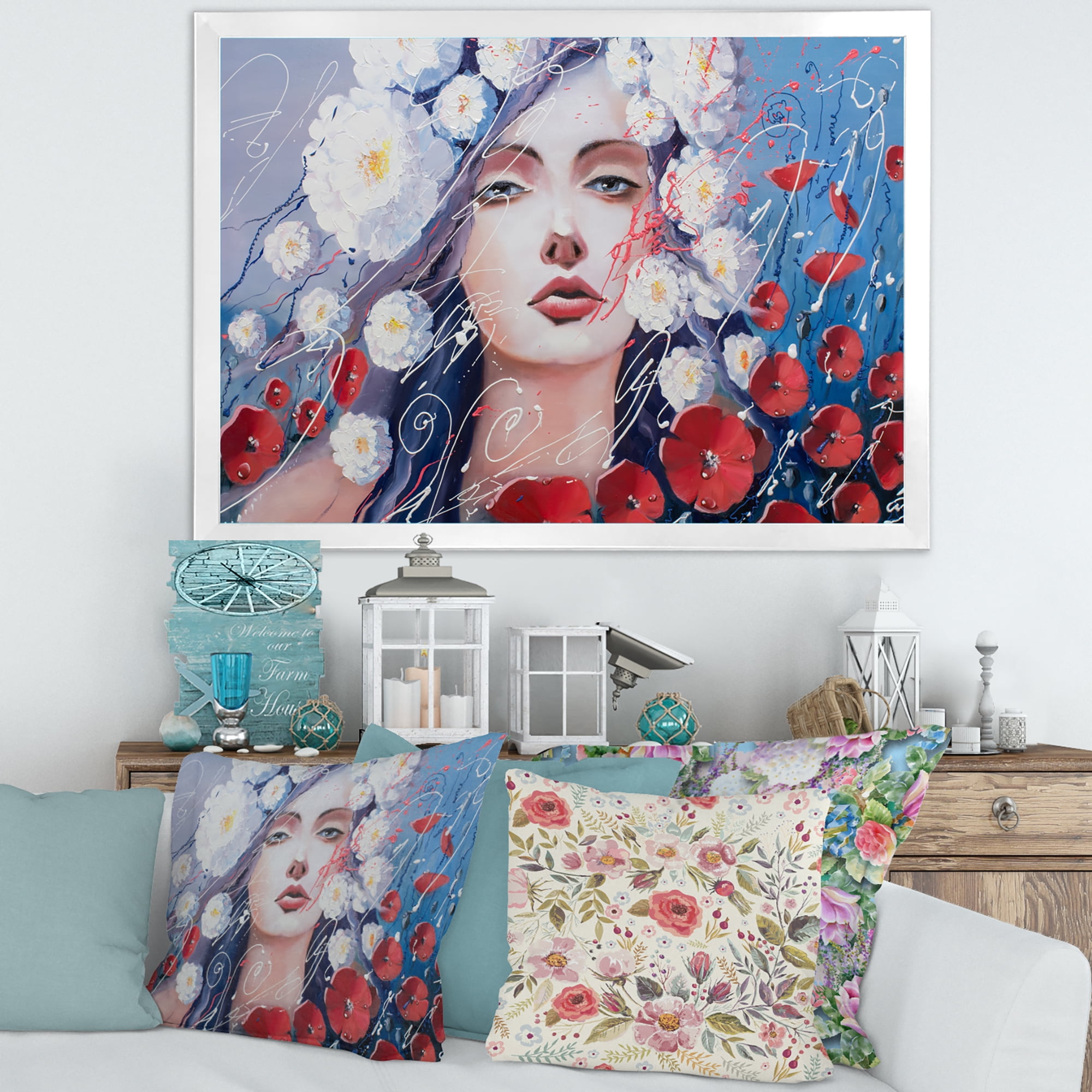 Designart 'Portrait Of A Young Lady With Red & White Flowers' Traditional Framed Art Print