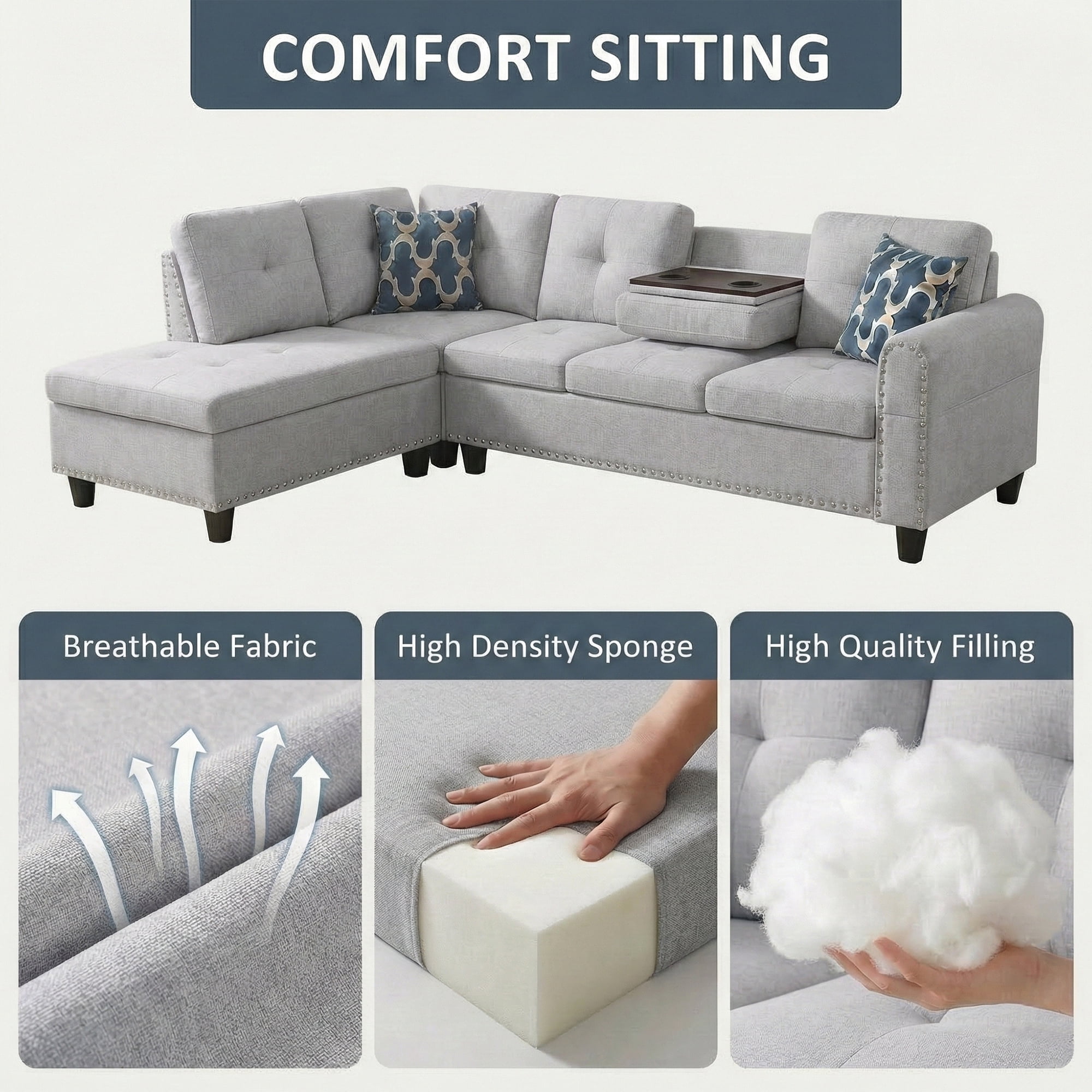 AENKYO 98" L-Shaped Upholstered Sectional Sofa Couch with Storage & Cup Holders, Faux Leather Living Room Sofa Set, Light Gray