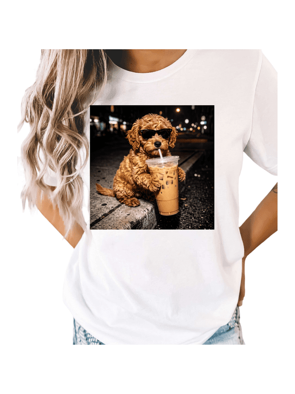 Women's Cool Goldendoodle Puppy With Iced Coffee Night Street Square Graphic White Short Sleeve T-Shirt Casual Crewneck S-5XL Top