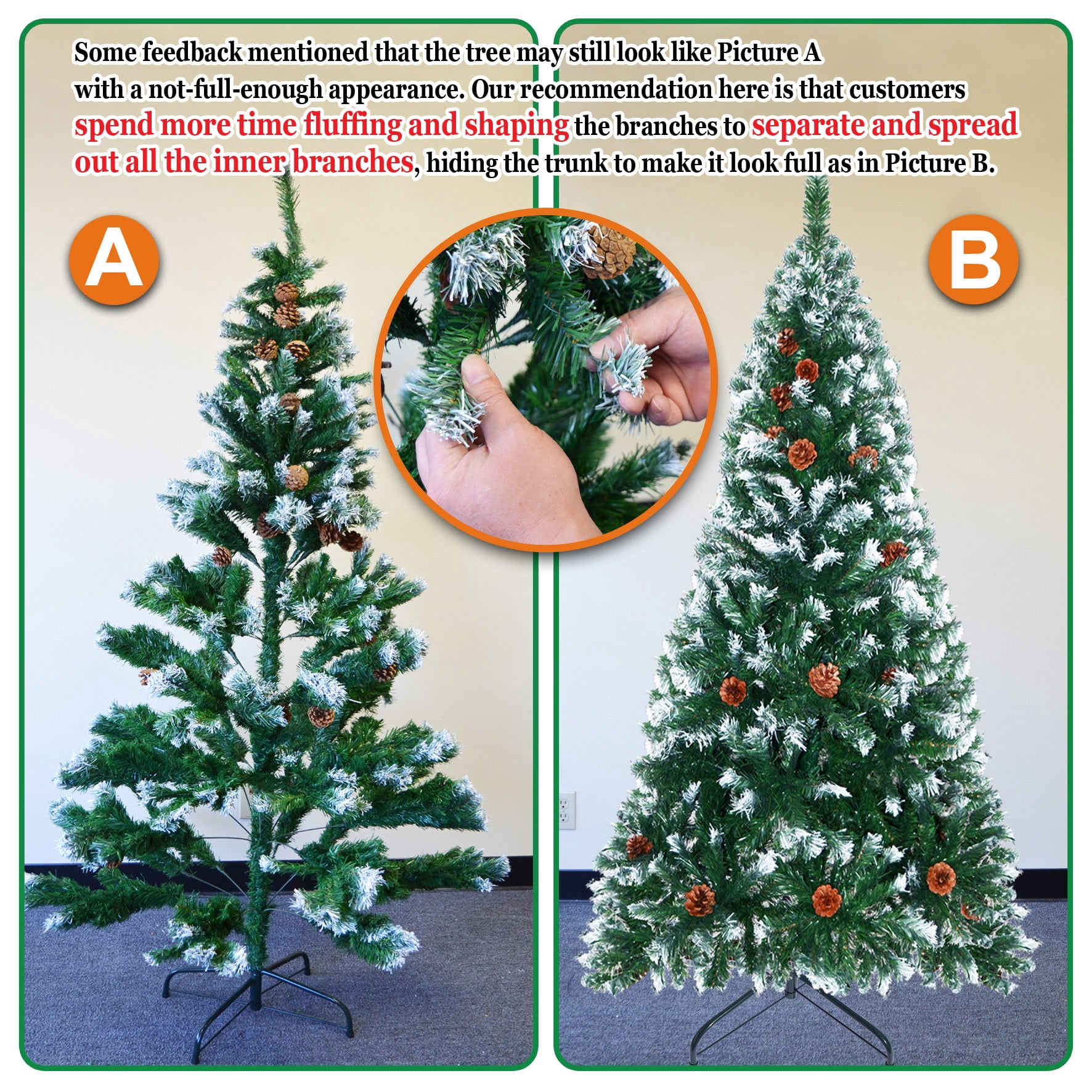 Strong Camel Frosted Sweet Pine Artificial Christmas Tree Decorated with Pine Cones New Xmas Holiday Decoration (7' with 1003 Tips and 39 pinecones)