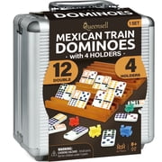 Mexican Train Dominoes Set with 4 Holders - Dominoes Double 12 with Wooden Hub and Tiles Holders - Double 12 Dominos Set for Family Game Night for Adults and Kids Ages 8 and up (D12 + 4 Holders)