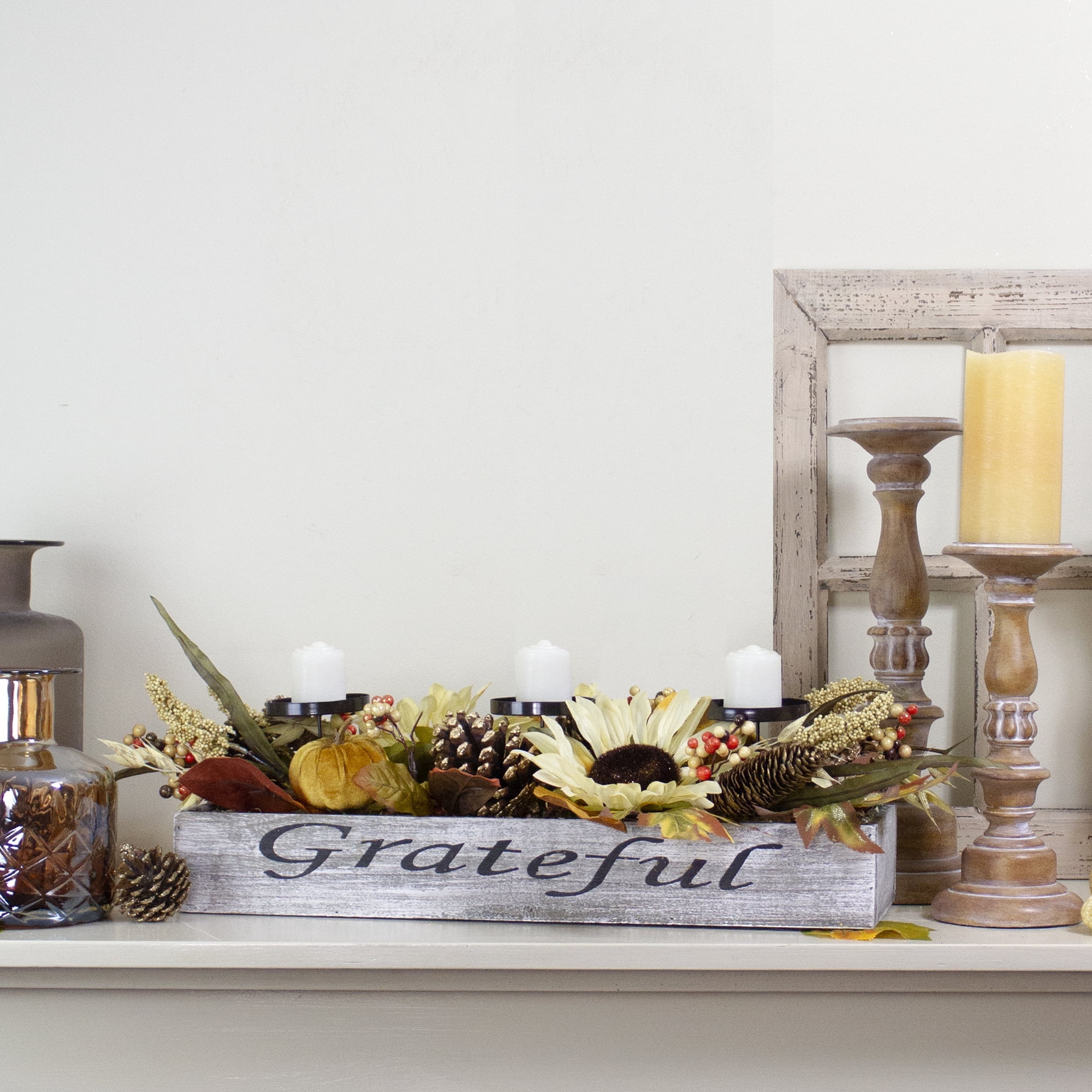 26" Autumn Harvest Sunflower 3-Piece Candle Holder in a "Grateful" Rustic Wooden Box Centerpiece