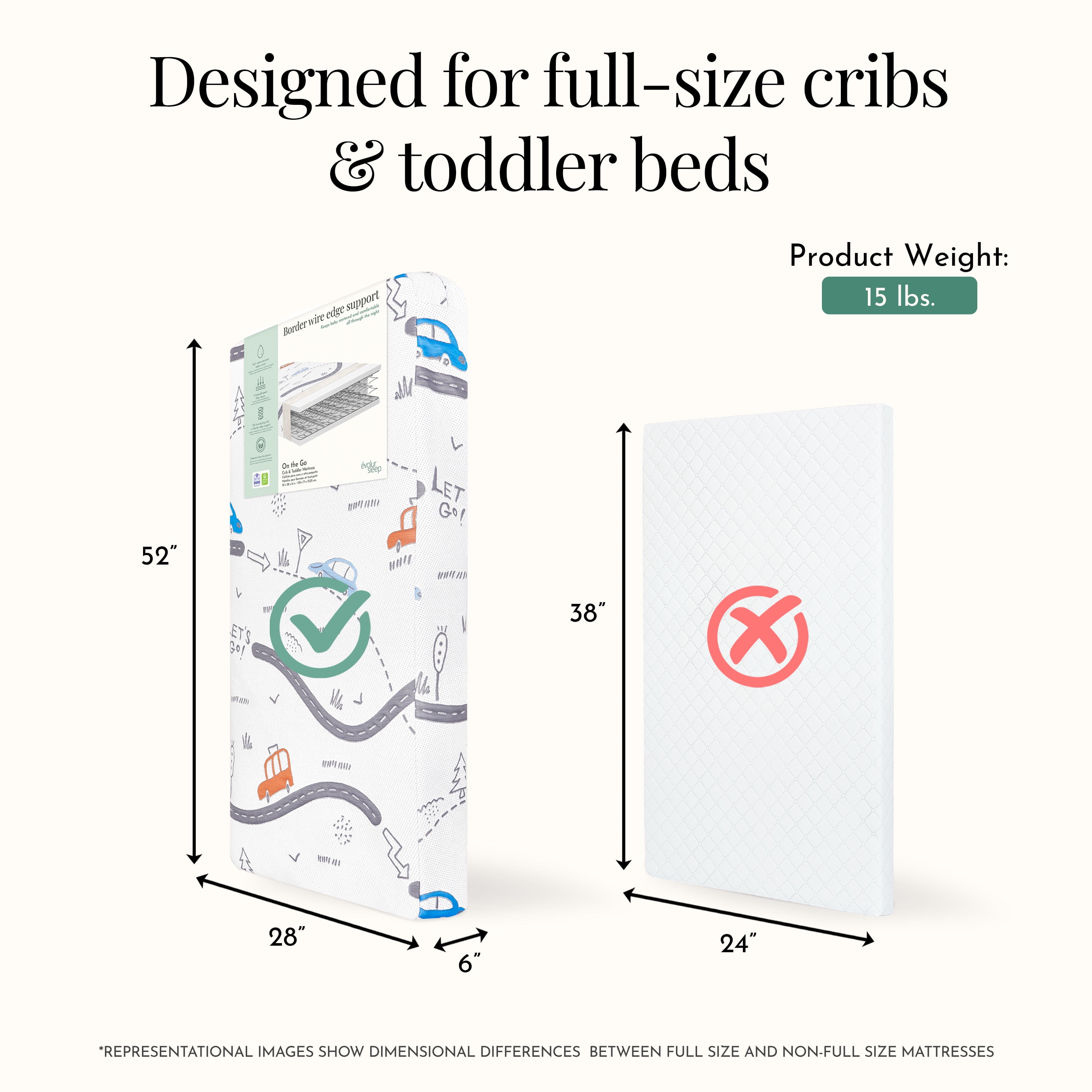 Evolur 150 Coil Inner Spring On The Go Mattress, fits All Full-Size Cribs & Toddler Beds / Greenguard Gold environment safe baby mattress/ JPMA certified Infant Mattress/ Removable Zipper cover