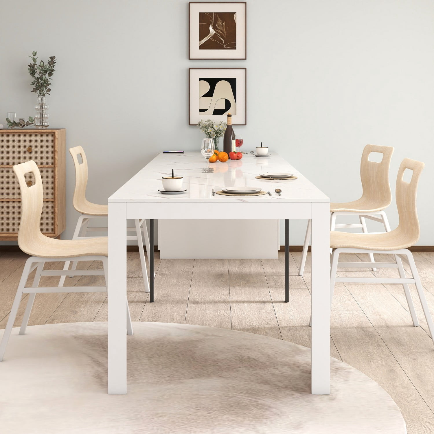 Multifunctional Extendable Console Table, 118.11" Large Expandable Dining Table with Storage Extension Design, Modern Wood Desk for Dining, Living, Home Office & Small Spaces, Cream