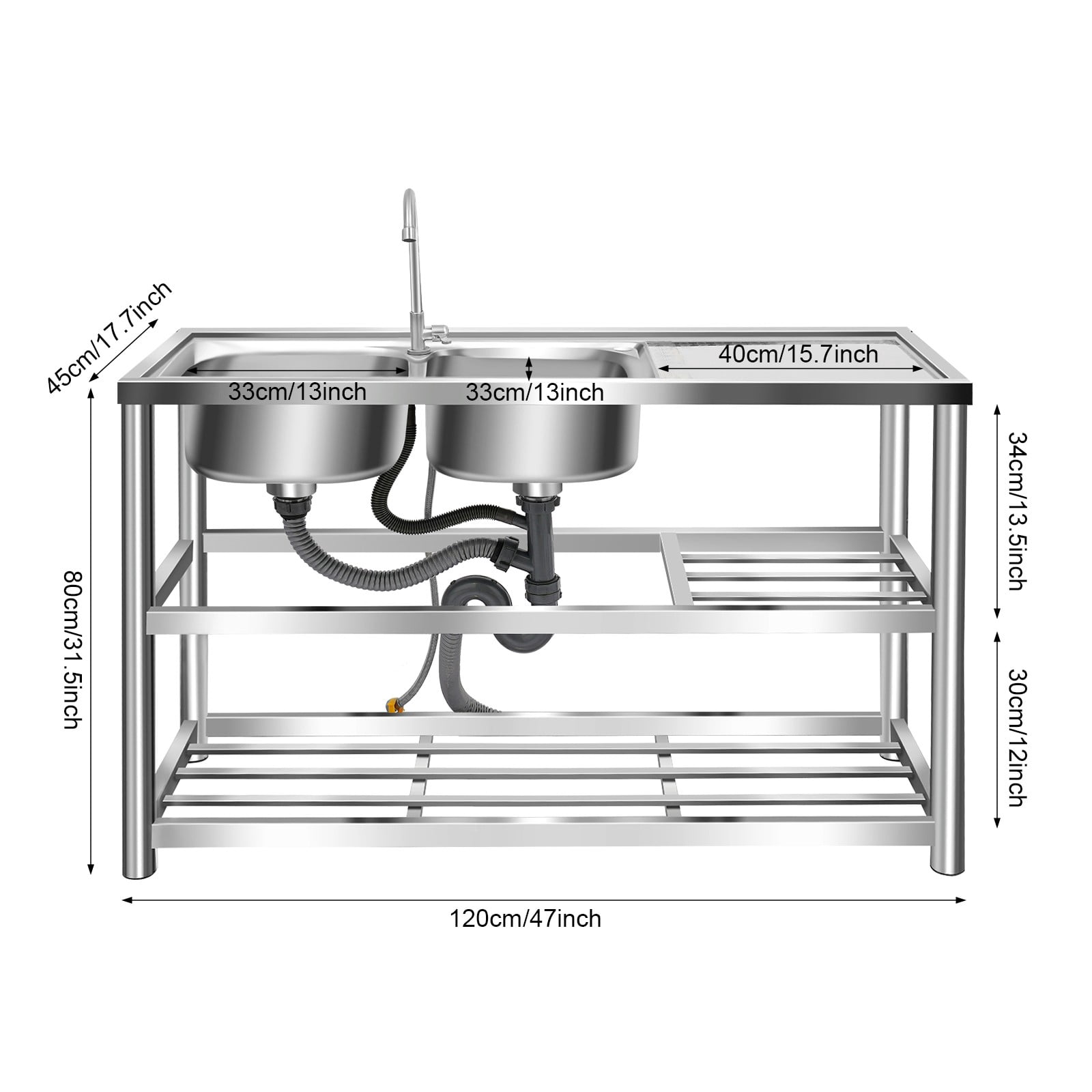 DUYIWAA Stainless Steel Sink Double-basin Commercial Kitchen Utility Sink with Faucet, Drainboard & Prep Table