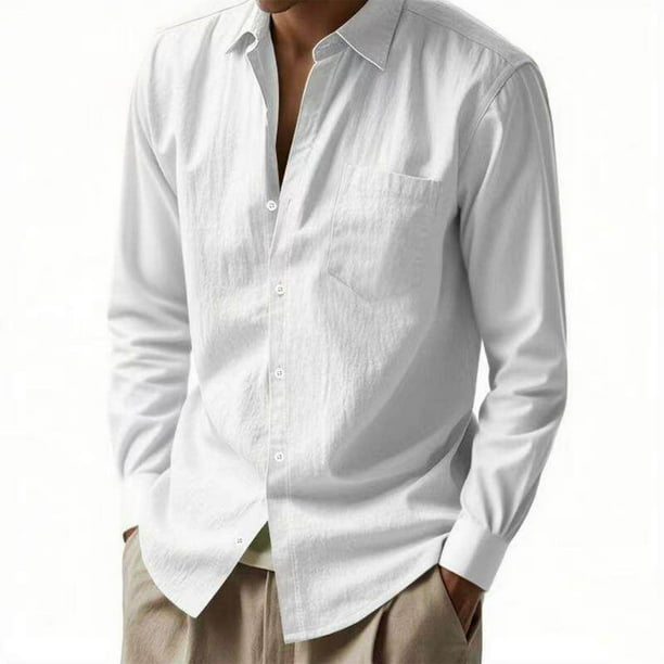Blusa y camisa de manga larga con cuello vuelto para hombre, informal, de color liso, con botones y cuello vuelto, blusa de manga larga para hombre