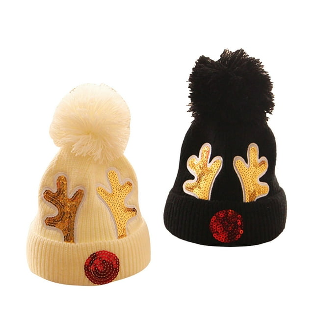 Gupgi Kids Woolen Hat, Unisex Sequins Antler Patterns Knitted Hat Beanie